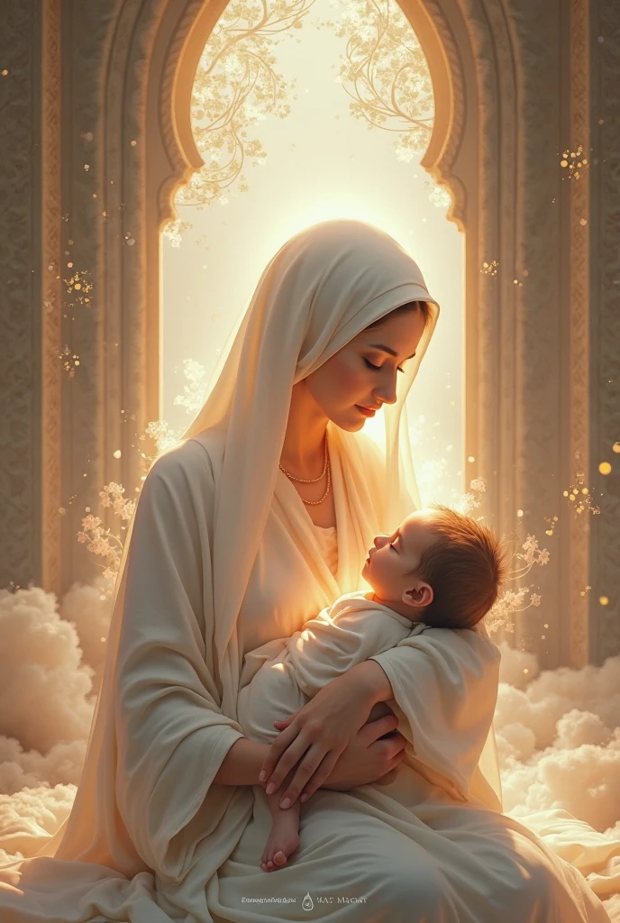 create 3 images, one with the woman praying on her knees, the second looking at the rainbow, and the third with a baby in her arms