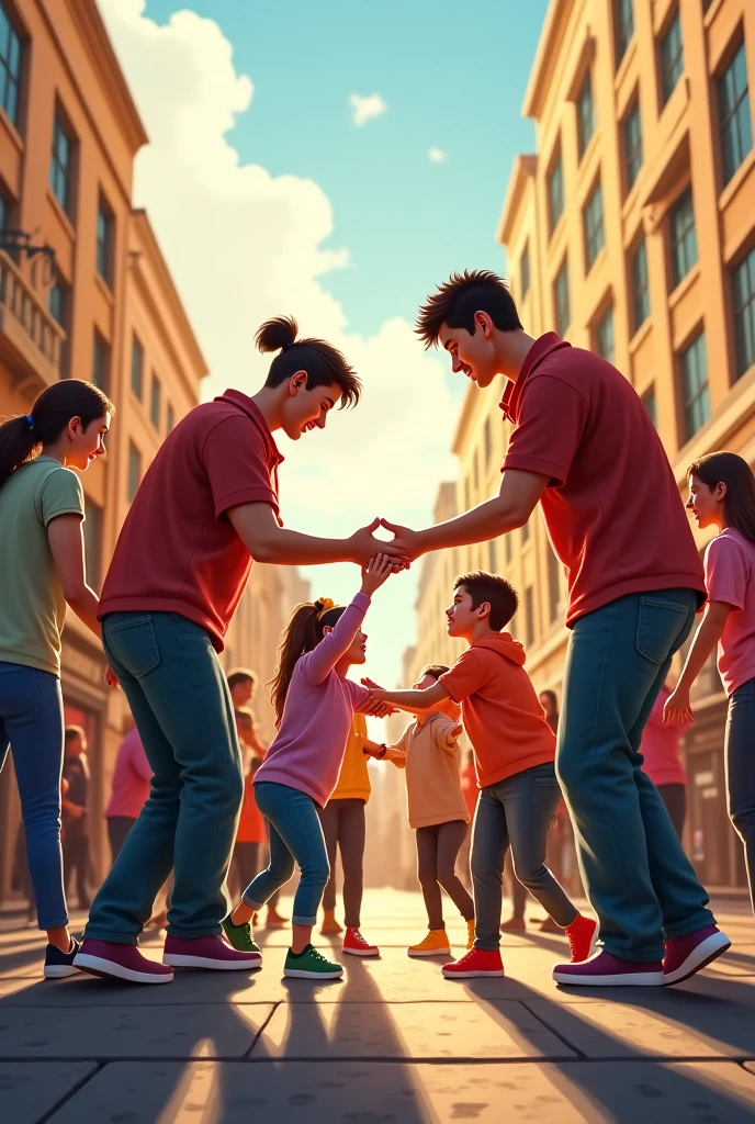 A 2 boy try to talking with middle age peoples in which 2 females and 4 males who standing Infront of his , the boy opening his hands and try to explain something, background is a normal road, evening time, 8k very ultra realistic