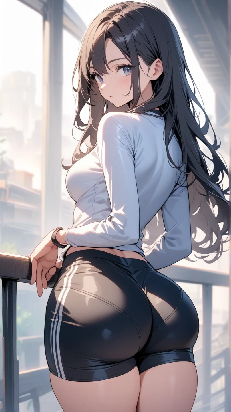 20 years old,1 girl, extremely thick thighs, hyperrealistic, 8k, (extremely detailed 8k), (very delicate and beautiful), (masterpiece), (better quality:1.0), (ultra high resolution:1.0), (masterpiece, best quality), cute,black hair,laugh with open mouth,gleaming skin,,, cardigan,leaning forward,ponytail,upper body,from the front,looking back