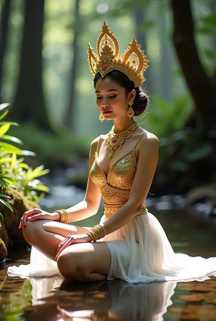 A beautiful woman dressed in sexy red clothes with a gold crown and she was sitting cross-legged on a large rock in the middle of the river., in his hands he holds a red rose and a golden trisulaweda stick, and the scenery around many ancient temples, she is like a woman from the ancient archipelago kingdom, he was taking off all his clothes as if he was going to take a shower