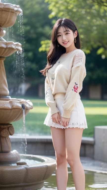 the Extremely Detailed CG Unity 8K Wallpapers、top-quality、ultra-detailliert、​masterpiece、realisitic、Photo Real、extremely detailed cute girl、25-years old、(skirt rift)、(skirt lift by yourself))、Different color panties for each image、panties focus、red blush、cparted lips、looking at the viewers、Half body shot､Beautiful woman wearing fashionable and classy clothes､beautiful spring scenery) Different hair lengths and waves for each image,Sweet smile