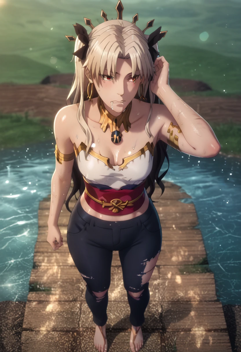 (warm colored:1.3), ((sepia, cinematic)), score_9, score_8_up, score_8, score_7_up, bouqtm, ishtar_(fate), red_eyes, parted bangs, long_hair, jewelry, earrings, black_hair, armlet, crown, two_side_up, small_breasts, hoop_earrings, ribbon, plump, shiny skin, drooling, anatomical correct, thigh, tick, torn, water drop, dusty, haori, pants, obi, standing, field, geta, from above, fisheye, (bokeh), narrowed eyes