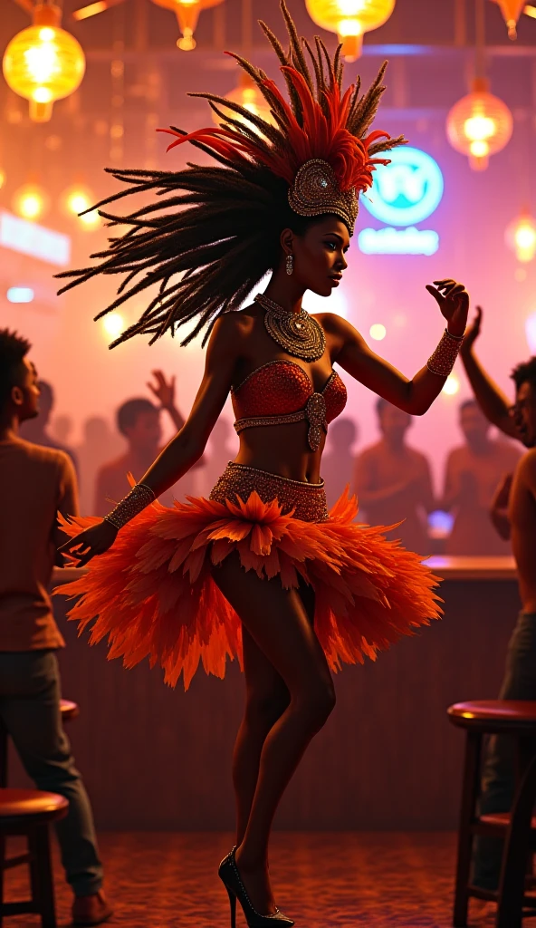 award winning photo, 8k, soft lighting, fantasy, beautiful african goddess, luxuriant afro-textured messed rainbow hair, dark skin, heterochromia eyes, really curly hair, round belly voluptuous body, extreme tanned skin, festival, dancing, tavern, fun, happy, (laughing at a joke), food, wooden tables, crowd of people, nikon d 850 film stock photograph 4 kodak portra 400 camera f16 lens rich colors hyper realistic lifelike texture dramatic lighting trending on artstation cinestill 800