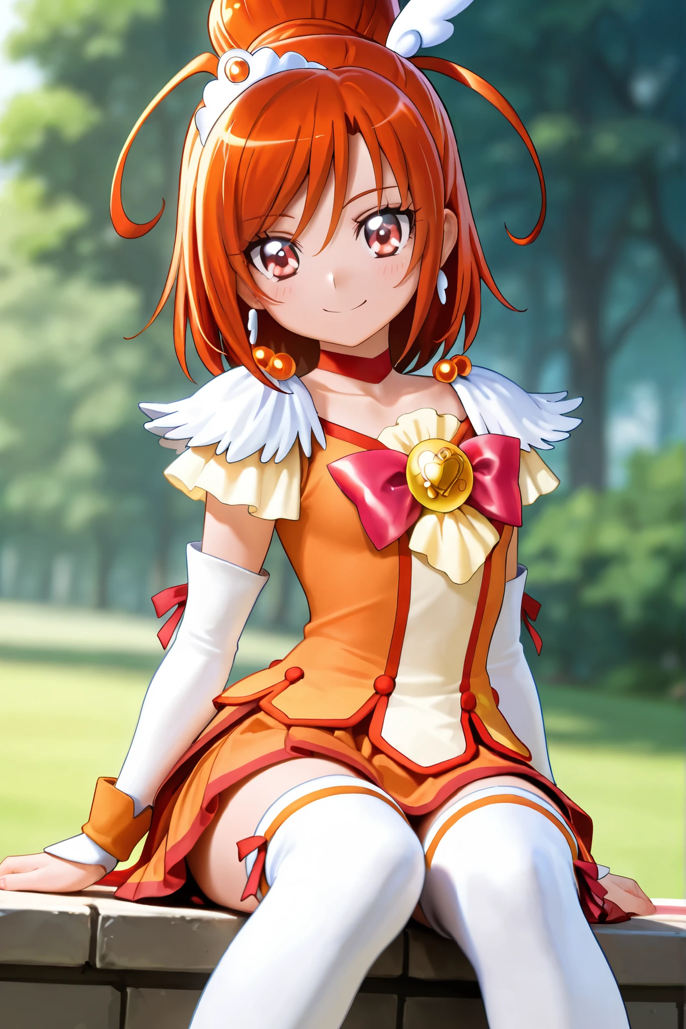 Masterpiece, best quality, Hoshizora rin, orange hair, yellow eyes, solo,  strapless leotard, looking at viewer,  wariza , sitting on knees , sexy smile , wisteria , cape 