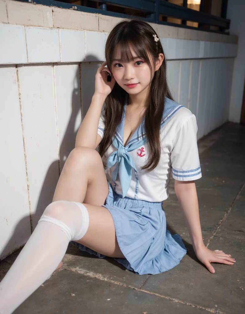 最high quality、high quality、Best image quality、8k、最High resolution、High resolution、最high quality、masterpiece、RAW Photos、whole body photos、Realistic human body with attention to detail、Detailed and realistic skin、Realistic face in every detail、Detailed and realistic eyes、Detailed and realistic lips、Detailed and realistic teeth、Realistic ears with great attention to detail、Realistic hair with attention to detail、Realistic weapons with great detail、Realistic hands with great detail、Realistic fingers with attention to detail、(Beautiful Hands、thumb1reference4)、Realistic legs with attention to detail、Realistic feet with attention to detail、((beautiful Japanese girl))、(Japanese model), (Japanese woman)、((18 year old beautiful girl))、(Black Hair)、(Straight hair)、((whole body))、((Beautiful upturned breasts))、(Slim Style、Slim fit)、(whole body glossy skin、Fair skin)、Detailed and realistic human body、Detailed and realistic skin、Realistic face in every detail、Realistic fingers in every detail、Detailed realistic feet、Soft natural light、Sailor suit、Climbing the stairs、Japanese 、((Sailor suit、Mini Sailor Skirt))、panties、((Poses to make your thighs look beautiful))、Angle from below