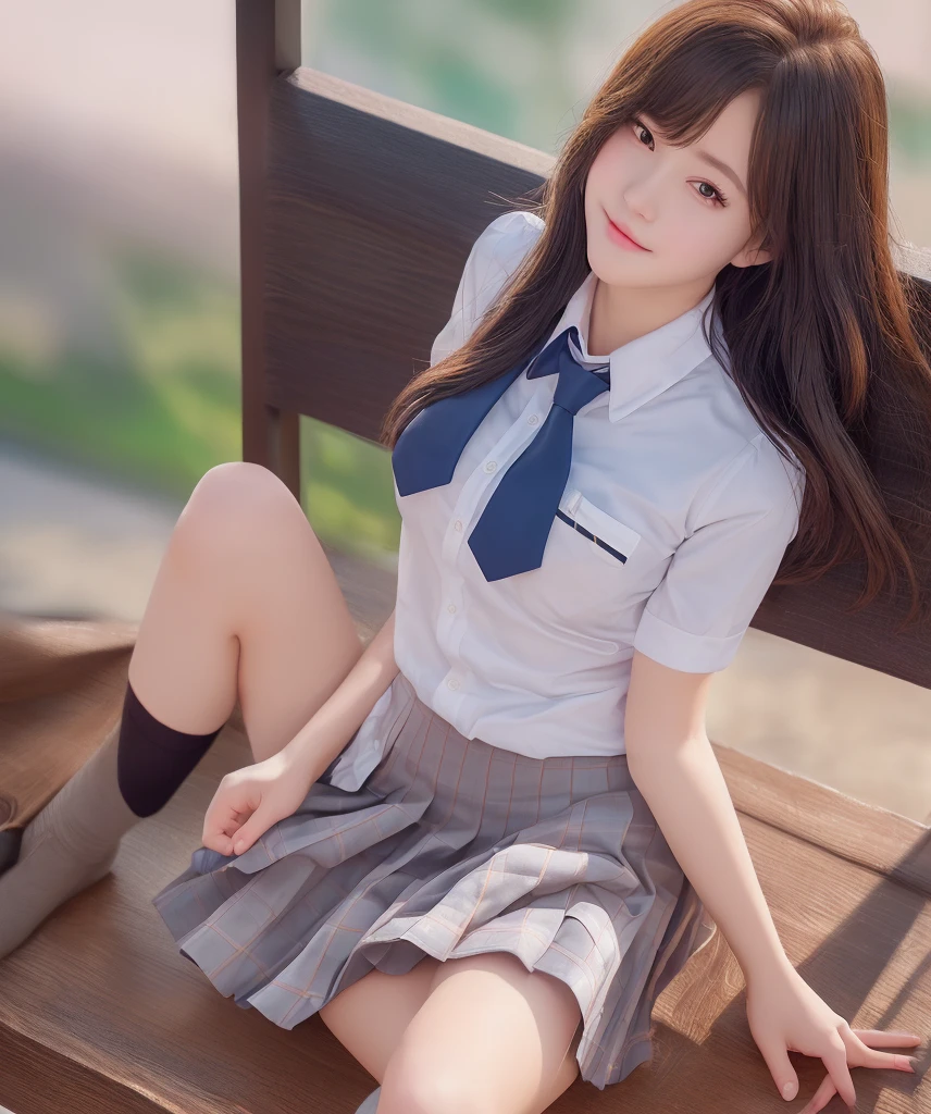NSFW, 4K, 8K, 16 K, masutepiece, Best Quality, 超A high resolution, high-definition RAW color photography, professional photograpy, (photographrealistic:1.5), depth of fields, Lens Glow, Nikon D850, 45.75 megapixels,Best ISO setting 25600 on DSLR, Small aperture size, (Full body:1.3), (From below:1.4), (Looking at Viewer:1.2), (16 year old asian girl:1.4), (sitting in a bench:1.4), Young Pretty Idol, super model, Japanese Idol, (Cute Schoolgirl:1.5), (high detailed cute face:1.6), (High detailed eyes:1.5), (large eyes with double eyelids:1.7), (Cute eyes:1.5), (Smile:1.7), (Black hair), (School uniform:1.7), (Huge breasts:1.5), (Erect :1.2), (pantyshot:1.2), (White panty:1.2), highly detailed back ground, (The wind is blowing strongly:1.2), enchanting atmosphere, (Sunlit atmosphere:1.1), (Natural lighting:1.2)