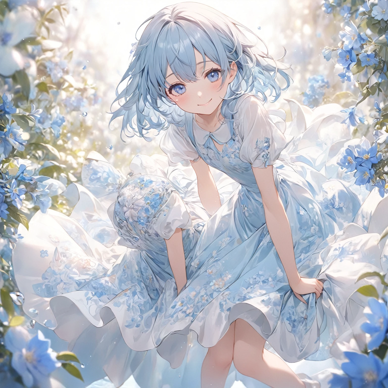 art by Cornflower,(master piece),(top-quality:1.2),(perfect anatomy),1 girl,beautiful detailed blue eyes,exquisitedetails,Vibrant colors, Soft tones, With warm and gentle lighting,(blue capelet fashion),(Beautiful silky blue hair:1.2),It's like a starry sky,small breasts,(sideways glance),open mouth,smile,The atmosphere is full of happiness and laughter,Combination of digital illustration and photography,soft pastel tones,Create an ethereal atmosphere like a dream,Depth of written boundary, Bokeh,film lighting,Standing in a park full of blue hydrangea