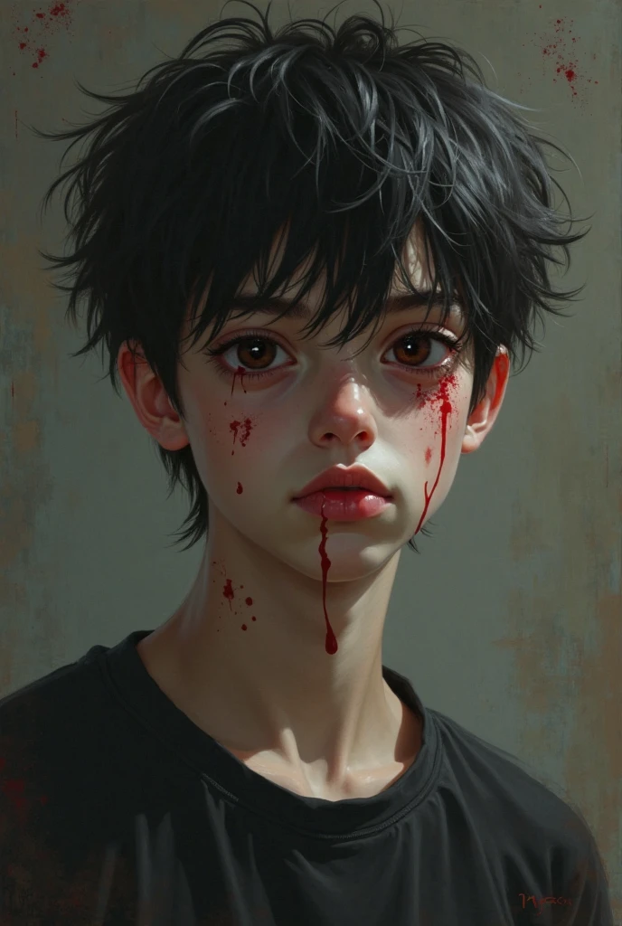 boy, crying blood, sad, pastel color, driping ink, black hair, black beared, broken boy