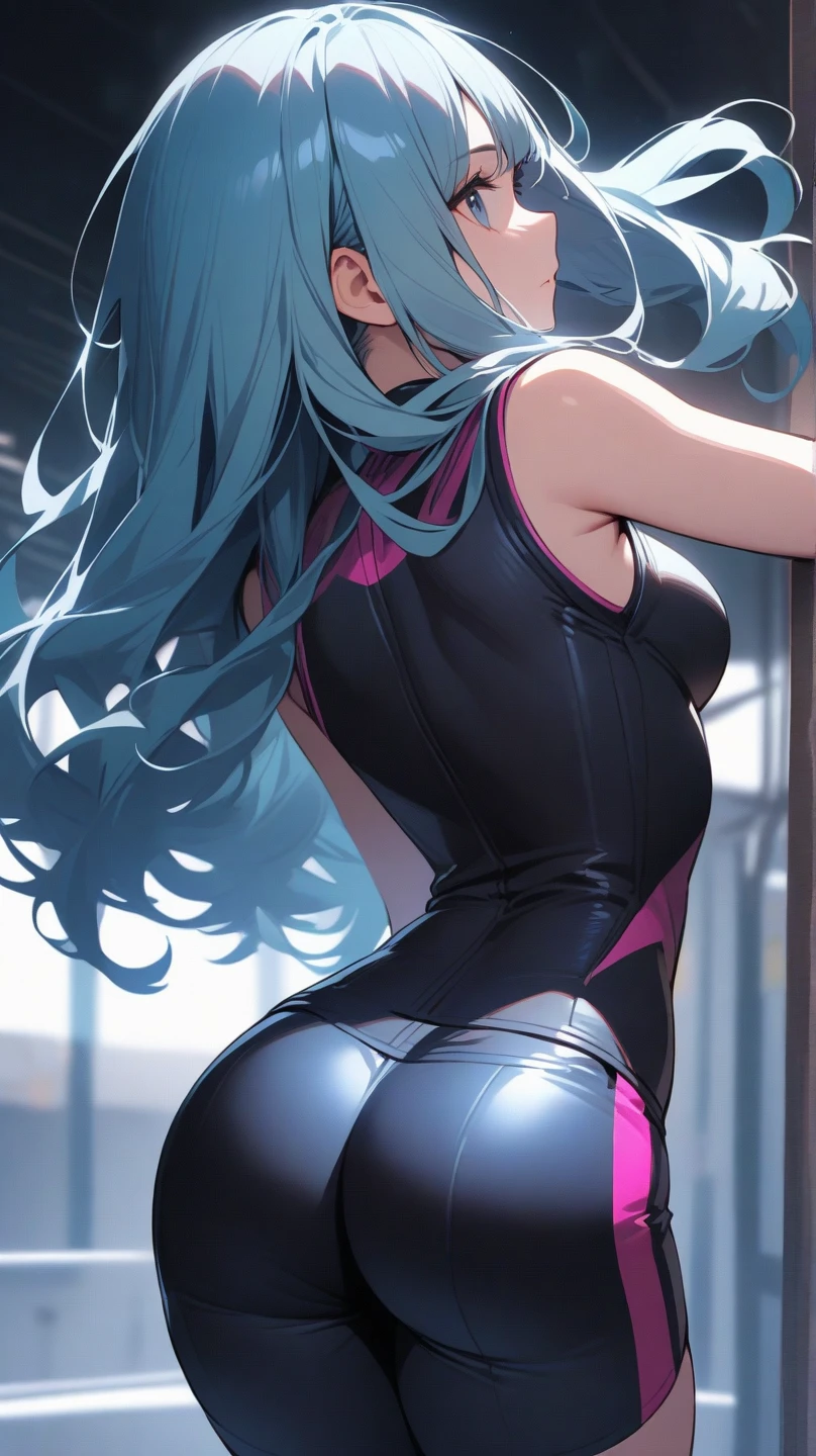 ((Great Quality)), (Detailed), Anime girl, 1 girl, long light purple hair, half naked, sexy, wearing pantyhose and croptop, medium big breasts, Strong white highlights, high saturation, high res, ultra sharp, 8k, masterpiece, looking at viewer, vaporwave, contrast in background, horizontal format, vintage old retro vibe