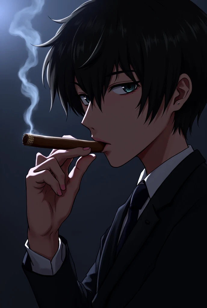 ((masterpiece, best quality), (anime), (close-up:1.36), (head-shot:1.36), (from front, facing front:1.15), (cigarette), 1man, male, solo, smoking a cigarette, black hair, facing front, facing front