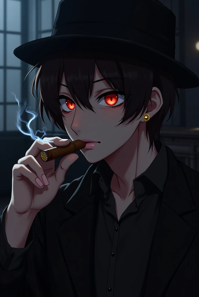 Male, sexy, long black hair, teal blue eyes, young, gothic, delicate features, no facial hair, no body hair, seductive, white and pale.In a bloody bathtub. Bloody. Anime style. Gloomy. Smoking a cigarette. Unhappy. Despair. Bloody bathtub. Faded roses. ((((Male))))) (((Gloomy atmosphere))) (((midnight)))) (((masterpiece)))) (((young male)))) anime style. ((((MAKE IT MALE))) ((smoky.)) Sad Detailed expression )))) Black gloves. Black mafia hat. Legs. Shiny. Sad anime male. Hot. His dead picture is on the wall. Red highlights. Red candle-lit. Red lighting.