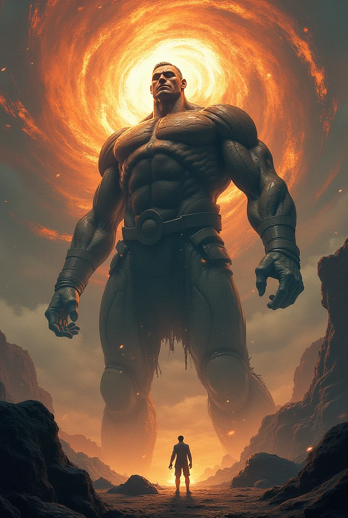 Create shadow image of strong man from distant shore in bodybuilding gym in dark and fire in background with death looking on