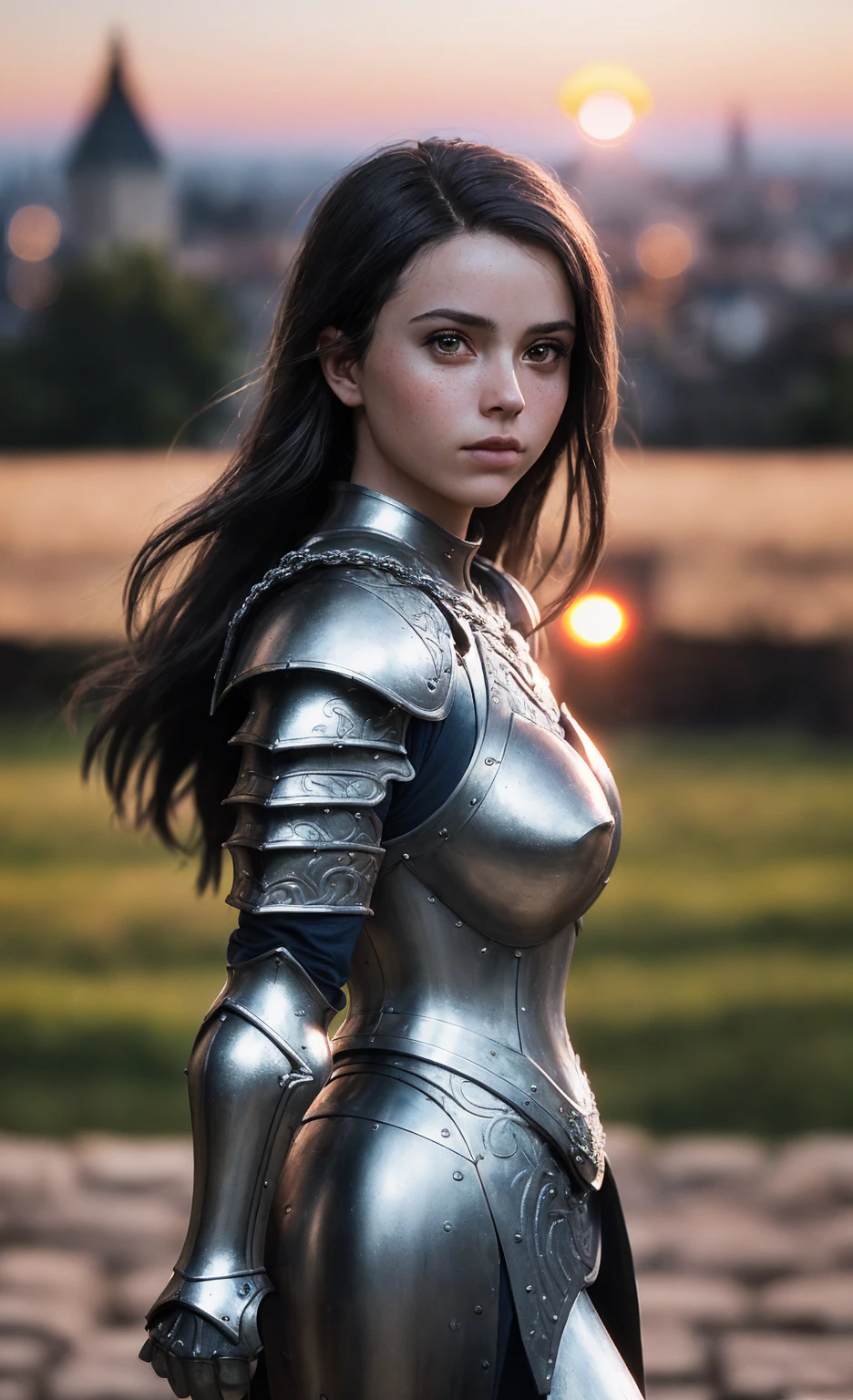 (masterpiece), (Extremely complex:1.3), (Practical), Portrait of a girl, The most beautiful in the world, (Medieval Armor), Metal Reflection, Upper Body, outdoor, Strong sunlight, Distant Castle, Professional photo of stunning woman detailed, Clear focus, dramatic, The award-winning, light, Octane rendering Unreal Engine,  Volume measurement dtx, (Film Grain, Blurred background, Blurred foreground, Bokeh, Depth of Field, Sunset, Motion Blur:1.3), Chain Mail