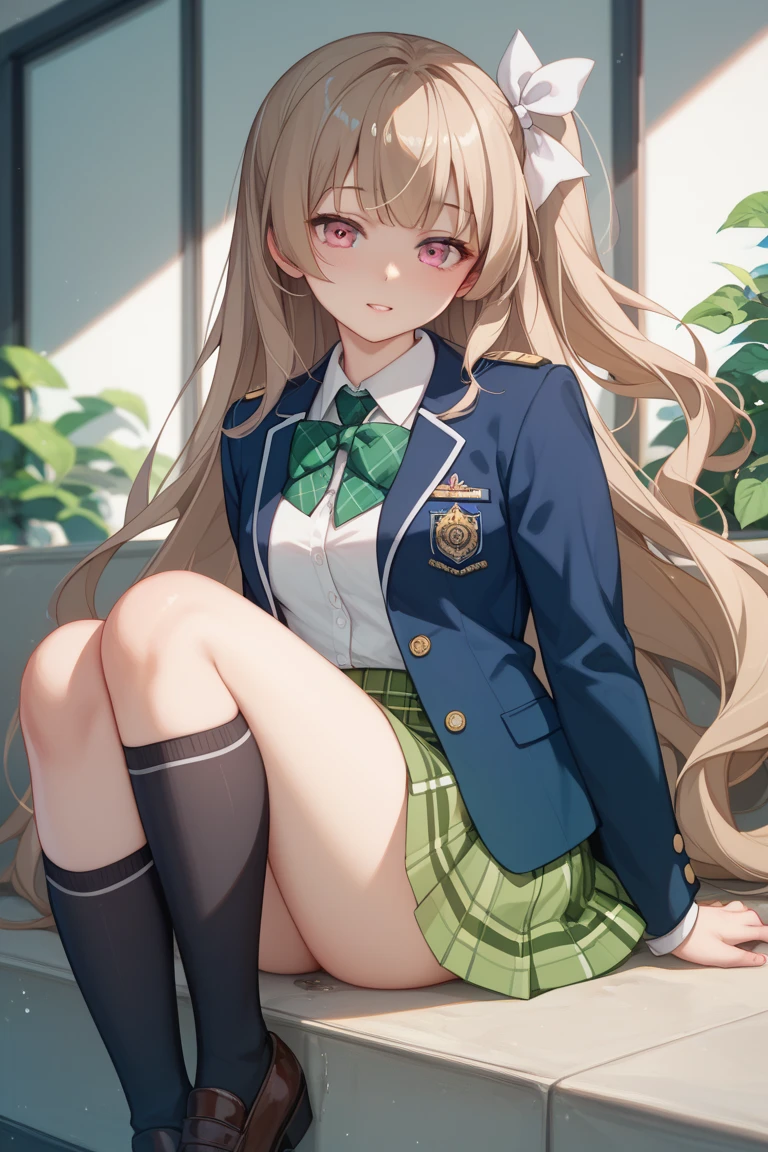 masterpiece, best quality, {best quality}, {{masterpiece}}, {high resolution}, girl,uniform,blonde,green eyes,1girl,beauty,sitting position,boots,Smile