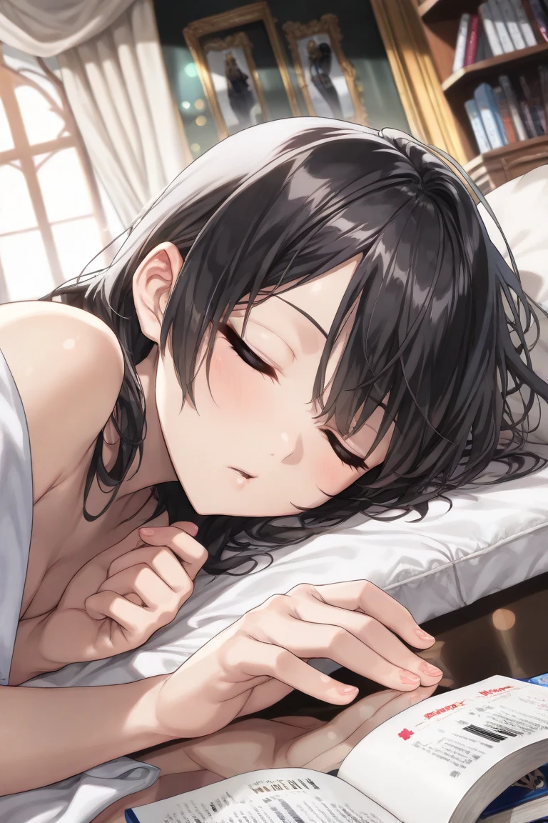 Old house in Japan,Bed,dark,smile,close your eyes,1. small ,short hair,Black Hair,blush,White T-shirt,Olive green shorts,White skin,From below,night中,night,Push your audience down,lie down,Prone,