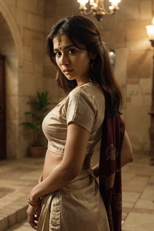 A very close picture of Indian, winding, hourglass figure, extremely large Breasts swoop, no bra, visible nipples, bend down and hanging breasts, Shows deep cleavage, Kneeling in ceremonies, French braid hair, necklace, Sexy maroon saree and not wearing bra, visible nipples, Sultry, Alluring eyes, Look at the viewer and smile, (Cinematic:1.3), Complex details, (ArtStation:1.2