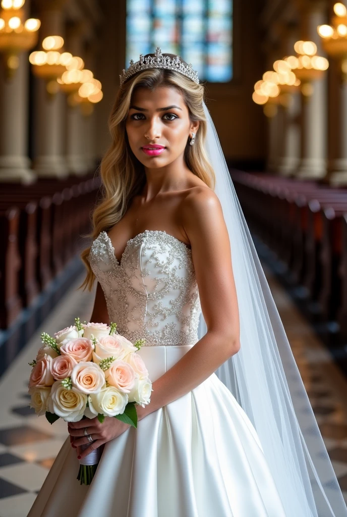 Big hair but with bangs that cover the forehead, white, with wedding dress and a bouquet, beautiful makeup, and with some butterfly tattoos on his body Unique place in the church