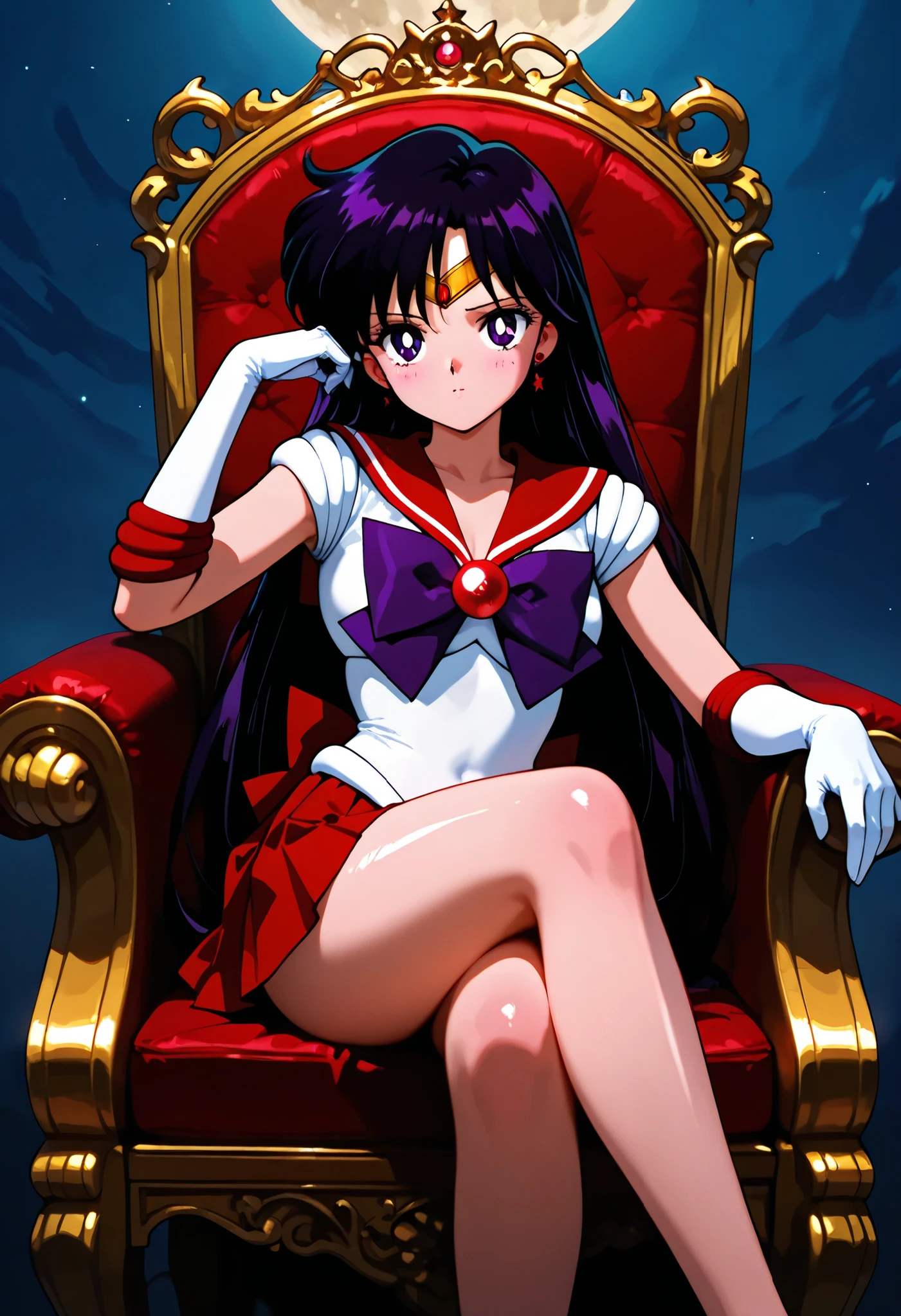 masterpiece,best quality,amazing quality, rei hino, black purple hair, tiara, long hair, purple eyes, parted bangs, gloves, magical girl, pleated skirt, red skirt, sailor senshi uniform, white gloves, bow, purple bow, sailor collar, red sailor collar, sitting, throne, moon kingdom, crossed legs, clear skin, ultra-detailed-eyes, soft skin, very awa, very as2, shiny skin, shiny hair, soft body, 90's style, official art