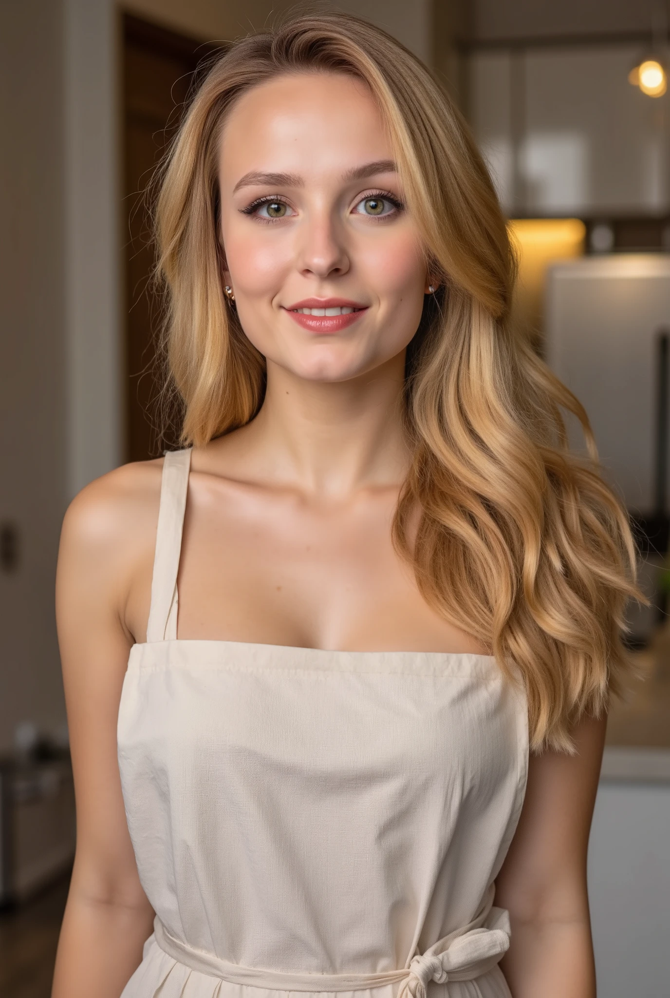  l4riss4man0ela, Young woman who has bigger breasts and prominent ass.  wearing only a kitchen apron . She is white with blond hair,  