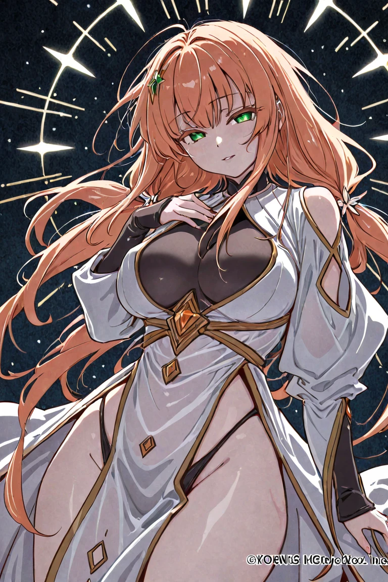 ((Best Quality, in 8K, All women, Seen from the front,masuter piece :0.5)), 1Woman in fantasy clothes in white tones, (One head, Two arms, I don't have anything in my hands, Orange medium hair, closed eye, Scarlet eyes, Black long tights, large full breasts, I'm in love with, glad, long boots,),
