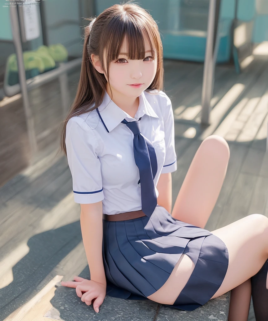 Top Quality,extremely highly detailed,masterpiece,realisitic,Photo real,bright lighting,1 girl in, Very beautiful 17-year-old girl, (kawaii:1.2),faint smile, (Brown eyes),(ligh brown hair),(bangss),perfect shiny skin,Flawless skin,((Erotic,Sexy and sexually explicit)),((Precise hands without dissonance)), large full breasts,Big breasts and a thin waist, Watch your audience,,((Short sleeved uniform white shirt)),(Blue mini pleated skirt),(((skirt lift by yourself))),(lifted by self),(Show Panties),Wearing panties,panties focus,((Sits,Open Legs Wide)), Sock, (Black knee socks),(Loafer Shoes), daytime,On the train,Long horizontal seats with your back to the window, Smiling broadly