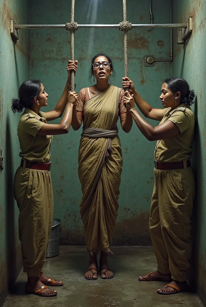 Ten plus Bald head women's are suffering their punishment in Indian prison, they're bondage with handcuffs and bondage with each other by iron chain, The jail guard are beating then forcefully, and given them shameful Head shaving punishments.