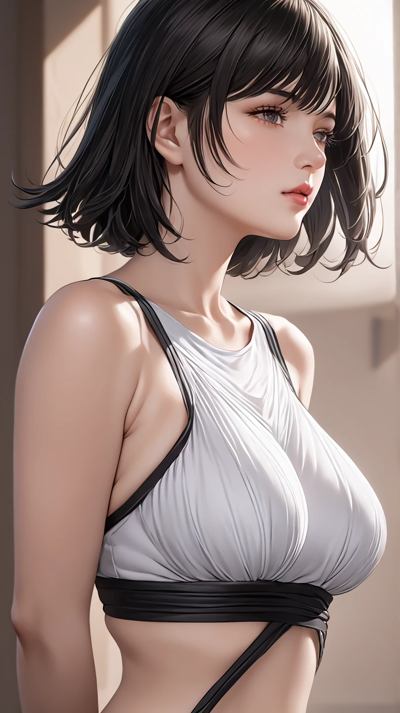 (Top Resolution、unique_image)top quality、female、 masterpiece、Highly Detailed、Semi-realistic、short black hair、dark haired、gray eyes、 bangs、25 years old、 mature、Young、精致的facial features、facial features,close your eyes,golden ratio body,to have a beautiful body,Voluptuous and detailed full-body portrait