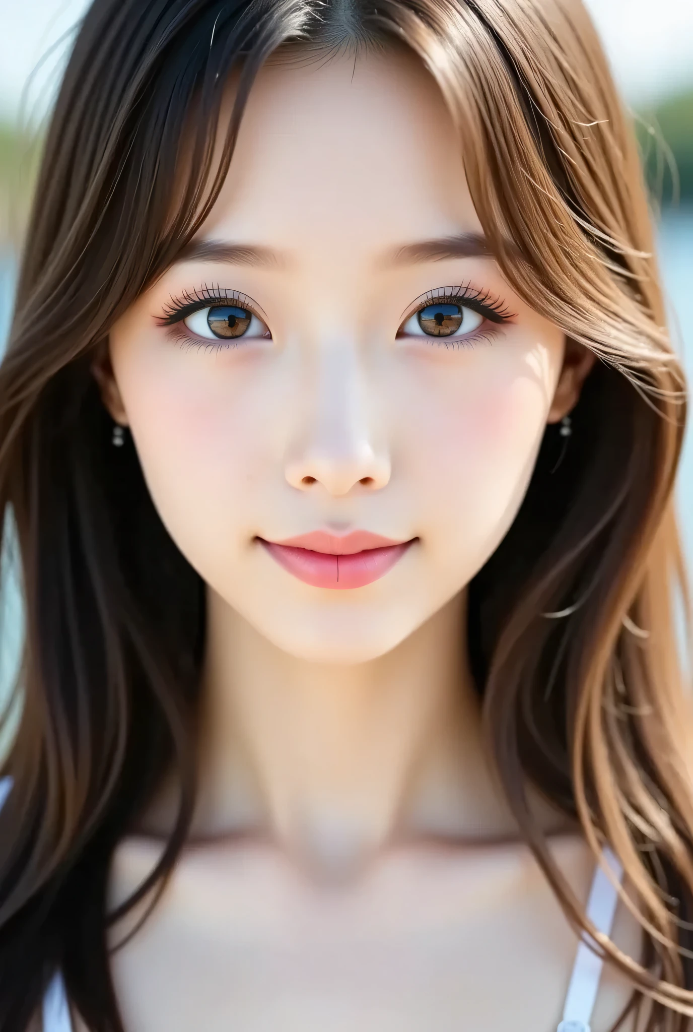 masterpiece , high quality, Super Details, super high image quality, 8k,16k,32K, 最high quality , Detailed Faces, Fine brown eyes, beautiful god dead face ,18 year old girl,cute face, bungs, straight hair ,bungs ,pale pink lips,Half Smile , Outdoors,viewer