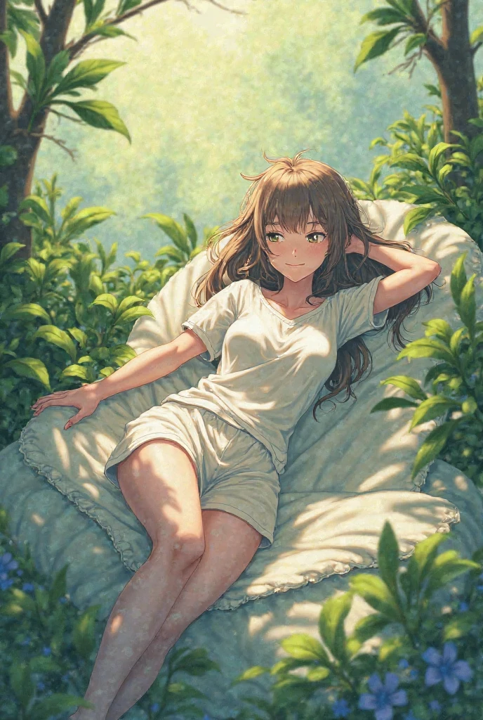 Anime image of a girl lying on the ground, clover carpet, anime illustrated, Color Anime, Lori, line-drawing, cyan and green, anime styled, cute anime style, high quality fan art, In anime style、kawaii、View from directly above、Brown hair、full bodyesbian