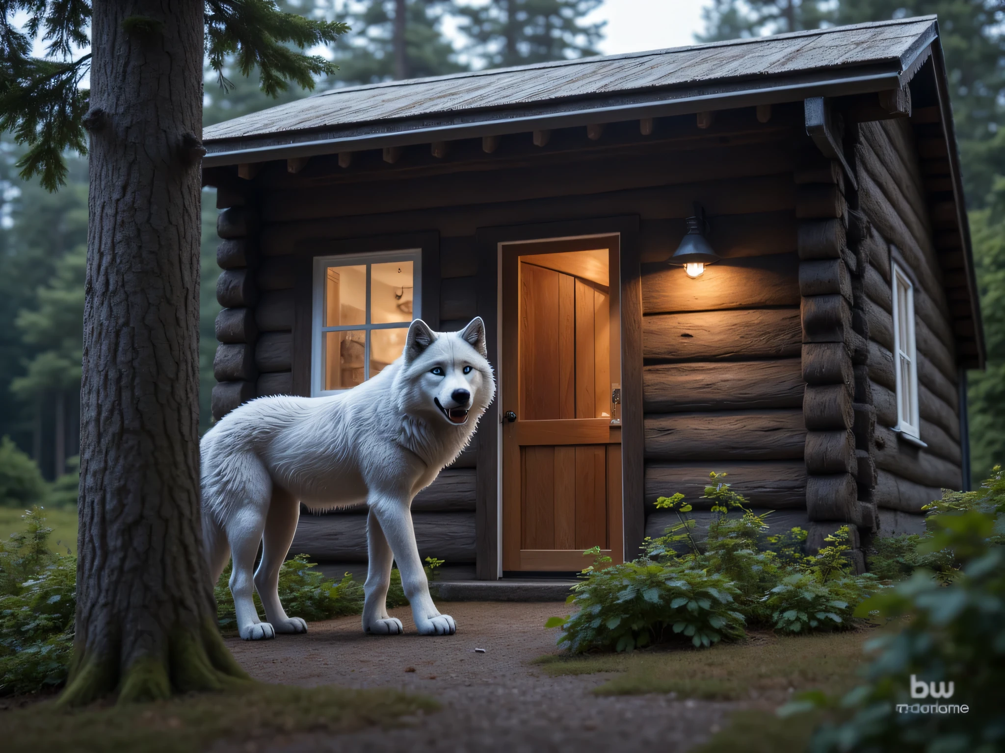 (Masterpiece), high quality, 8K Ultra HD, photo realistic, a grey wolf is knocking on the door of grandmas wood cabin, the cabin is surrounded by dense forest, perfect cinematic lightning, 