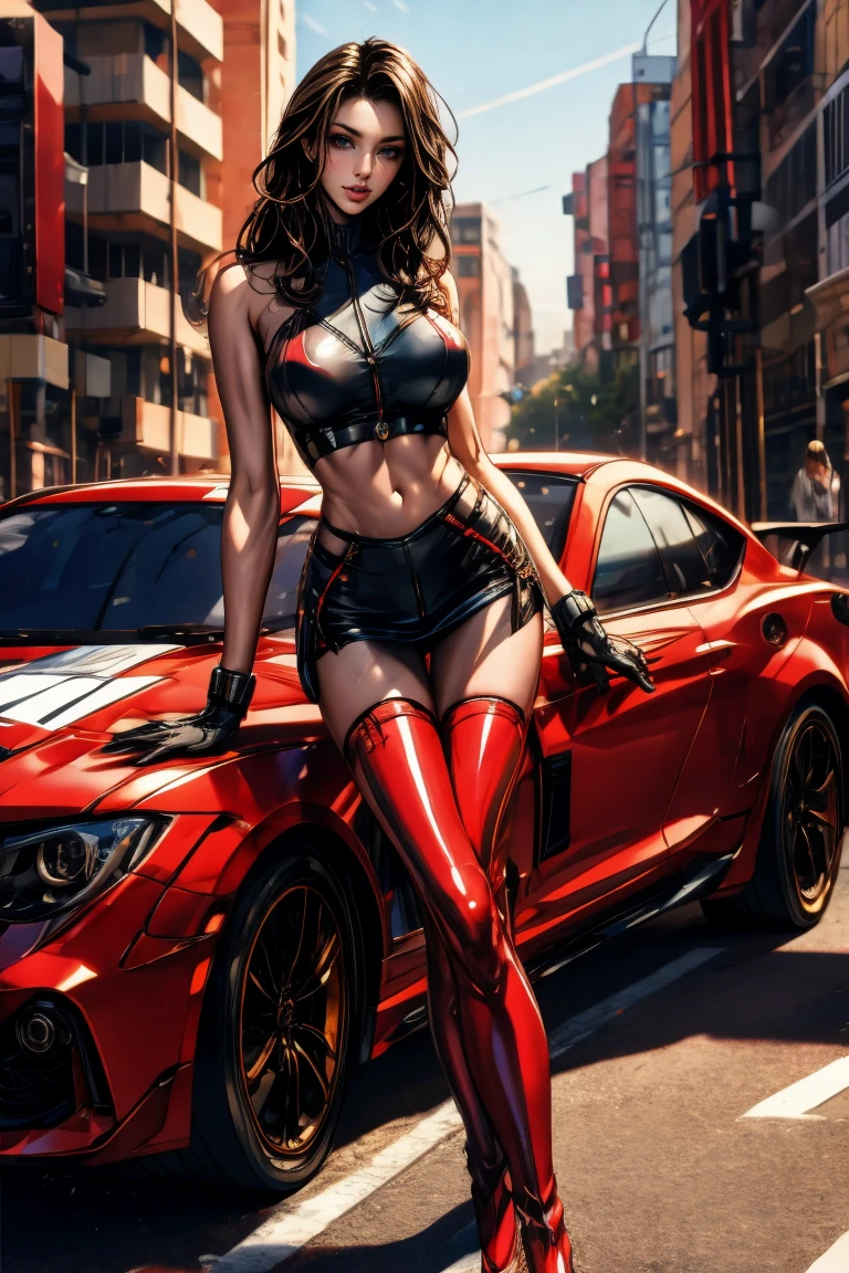 Generate an image of a confident young woman striking a pose in front of a vibrant Red Lamborghini Aventador. She leans back gracefully, one leg slightly bent towards the other, exuding the attitude of wealth and sophistication. Her arms are elegantly positioned, and she's wearing a luxurious ensemble. Additionally, she wears a stunning Google lens model (insert suggested model name) that adds to her allure. The backdrop is a breathtaking landscape that complements her presence perfectly."