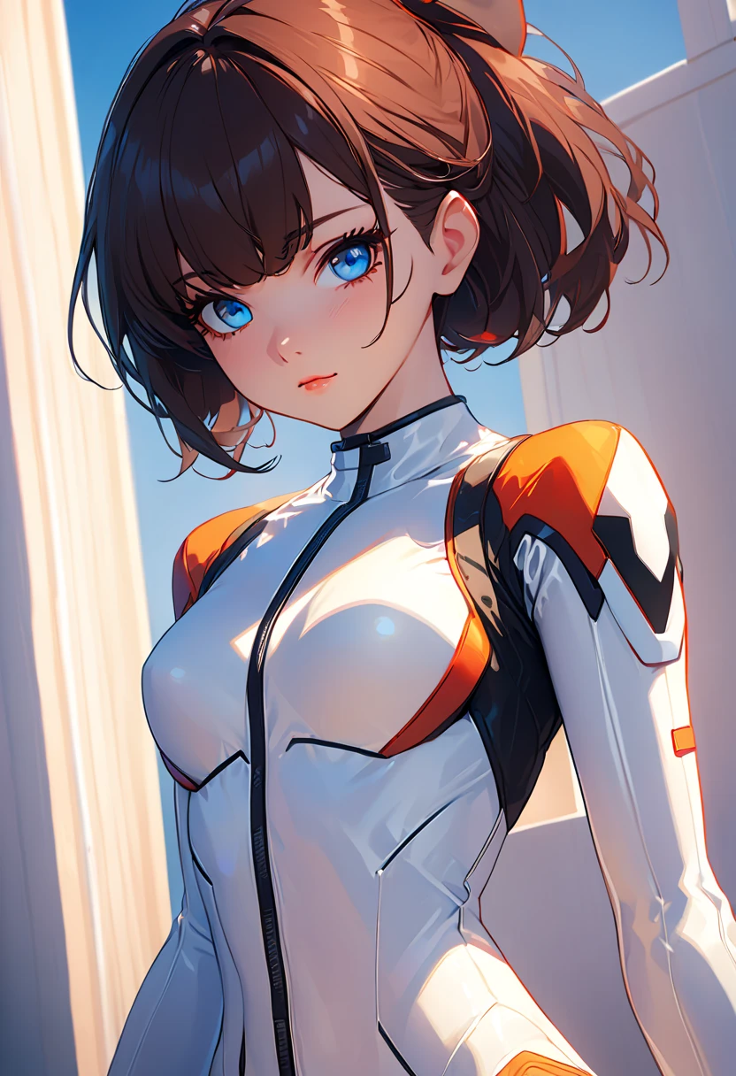 highest quality、Realistic、zoom、girl、Chestnut Hair、Light blue eyes、Very Short Hair、Hero Suit、White bodysuit、Tanned black body、Tan、Brown Skin、slender、Sweat、smile、
