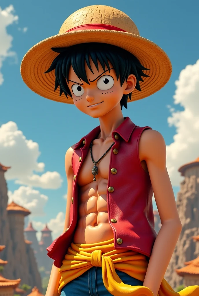 Luffy has black shaggy hair, round black eyes, and a slim muscular build. He is renowned for his trademark straw hat, which was lent to him when he was young by the legendary pirate captain, "Red-Haired" Shanks,[35] Luffy wears an open long-sleeved red cardigan with four buttons, with a yellow sash tied around his waist (somewhat reminiscent of Gol D. Roger's outfit). Luffy also has a (scar underneath his left eye), Luffy have a large scar on his chest.[46]