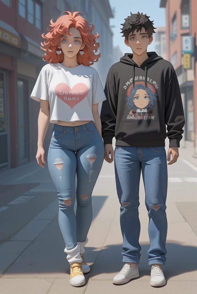 A couple,1 man (25yo) , , sexy pose, handsome face, curly hairstyle, , seductive smile, blue casual shirt, short pants, A hyper realistic carricature ,photorealism,of a 1 skinny woman 25 yo.with random rainbow colour hair style,standing.wearing with pink casual shirt ,jeans ,light smile, high detail,3d render,high definition. .grey background