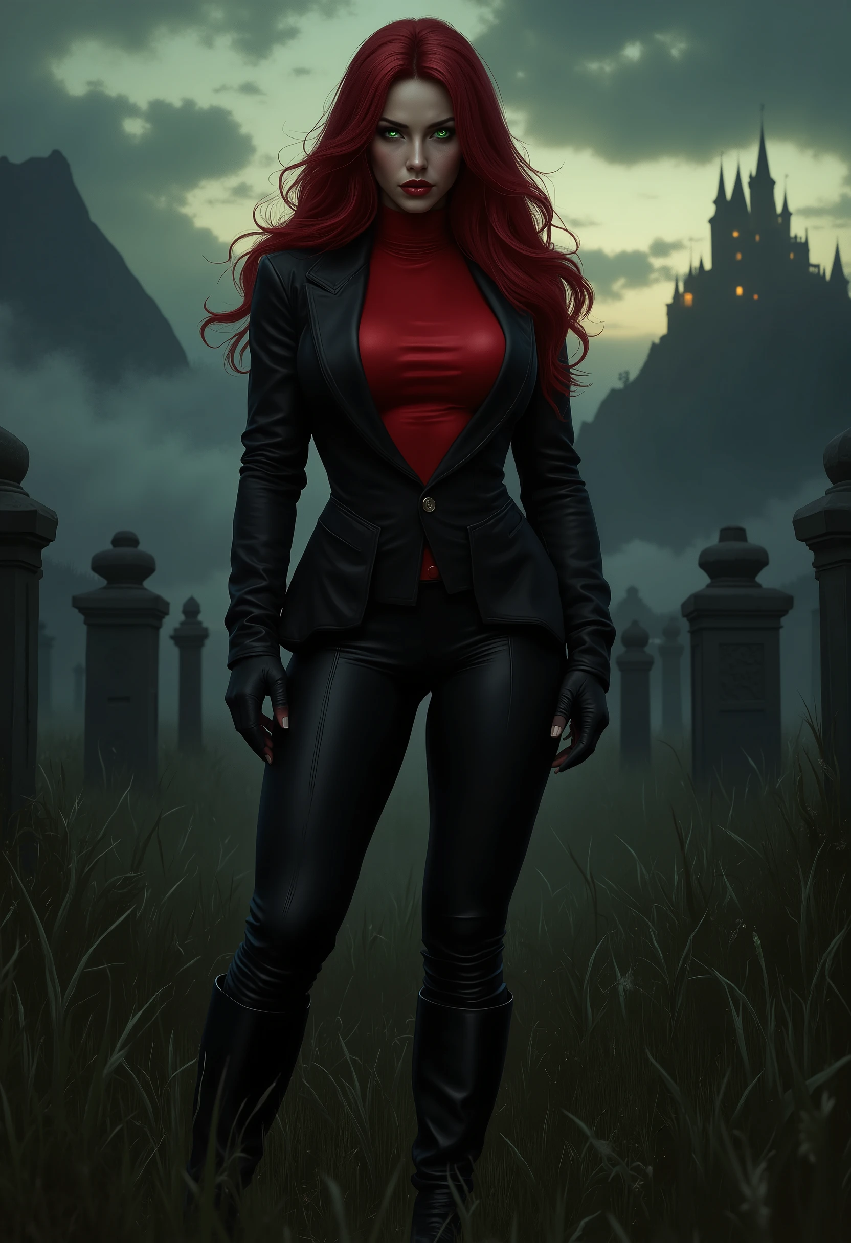  beautiful sensual sexy woman muscular body red wavy long hair emerald green eyes, white skin, red lips, round face full red lips high arched eyebrows thin waist long shapely legs full breasts broad shoulders slightly open ((huge vampire fangs)) black leather riding breeches black leather riding boots black leather riding blazer red high neck silk turtleneck standing in tall grass in a cemetery at night fog twilight in the distance silhouette of a castle on a mountaintop