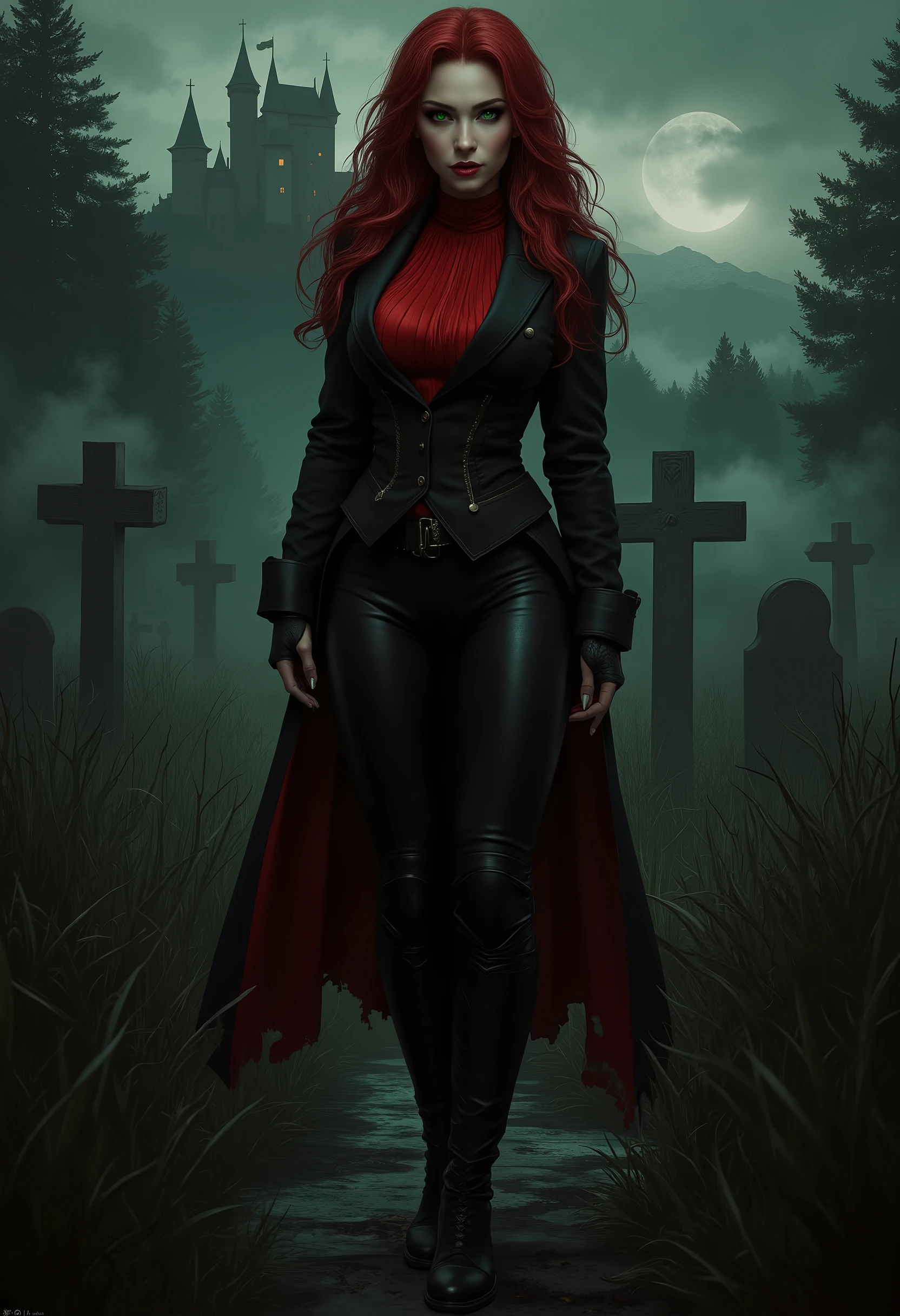 beautiful sensual sexy woman muscular body red wavy long hair emerald green eyes, white skin, red lips, round face full red lips high arched eyebrows thin waist long shapely legs full breasts broad shoulders slightly open ((huge vampire fangs)) black leather riding breeches black leather riding boots black leather riding blazer red high neck silk turtleneck standing in tall grass in a cemetery at night fog twilight in the distance silhouette of a castle on a mountaintop
