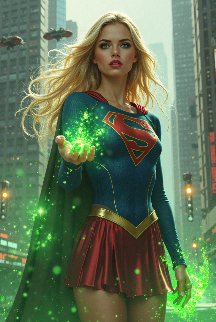 Epic realistic image depicting 1996 blonde beauty Supergirl with shoulder-length blonde hair wearing her iconic costume with red 'S' on a yellow diamond and blue skirt. Large breasts, full figure, perfect female figure. Supergirl lies on the ground, moaning in pain, as villains place pieces of glowing green kryptonite, the only substance which can hurt her, around her. She writhes helplessly in agony as one villain places a chunk of kryptonite on her body! Show the villains' hands and cruel mocking laughter as Supergirl's body bucks and heaves before them. Well lit. Side-on view.