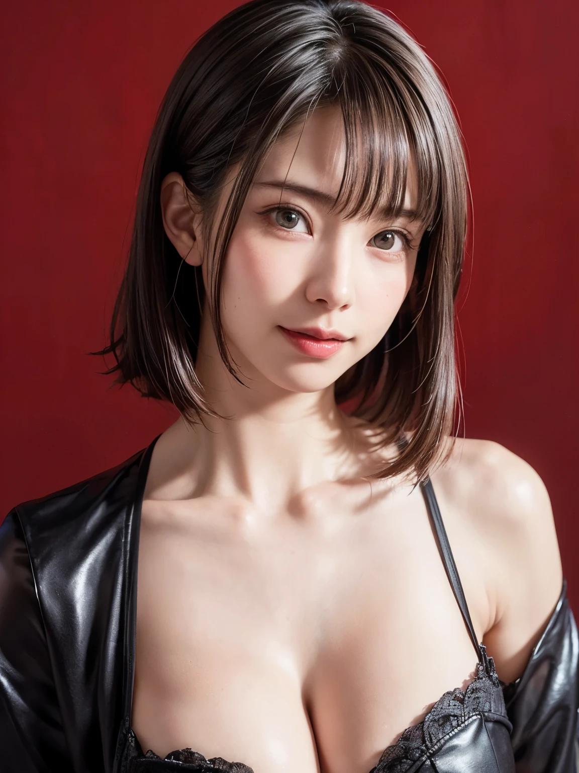 1 girl, alone, Beautiful Skin, very detaileded, ultra detaileded, Ultra-high resolution, (Photorealism:1.4), (highest quality), (Best Shadow), detailed, Perfect lighting, Very shiny black hair:2, ((Showpiece, highest quality, High precision)), One Girl, (Realistic: 1.4), (look up at the camera even a little, カメラをlook up, look up, look up at the camera, Looking into the camera))), alone, White Background, snow-White Background, shut up., smile, pretty black hair:2, short hair:1.6, Big eyes, Beautiful double eyelids, eyelash, listen, Long neck, 美しいLong neck, Absolute area, ((Face close-up, short hair with bangs、Short Bob Hair:1.5、Off the shoulder)), 19 years old, Attractive proportions, Shiny skin, Beautiful clavicle, Golden ratio face, Perfect Face, Mole on chest, bangs, clean bangs, beautiful bangs, Lip gloss, Thin lips, White skin, I took off my clothes, Small face, Small face, 少し上を向いてLooking into the camera, ((smile a little for the camera, Impressionist background of ink painting with brush,Off the shoulder、 Listen carefully, {gigantic|big|huge|mega} breasts, cleavage、Dynamic Angle:1.5、Workplace Safety:2))