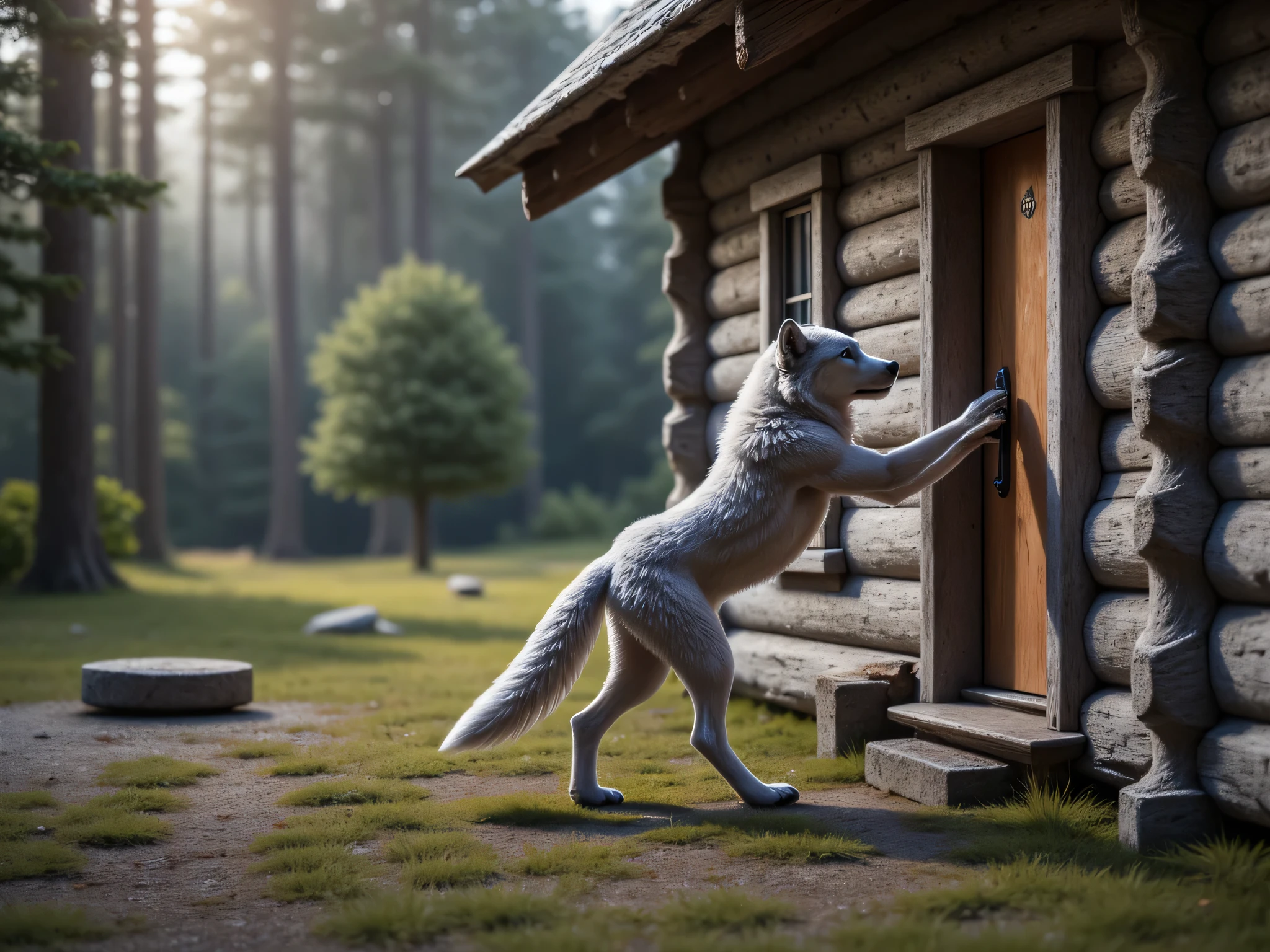  (masterpiece), best quality, 1wolf,  realistic, highly detailed, shallow depth of field, sharp focus, hyperrealism, cinematic lighting, photorealistic style, 8k solution, the gray wolf stands on its hind legs and knocks on the door of grandmas old log house in the middle of the forest, view from the side, 