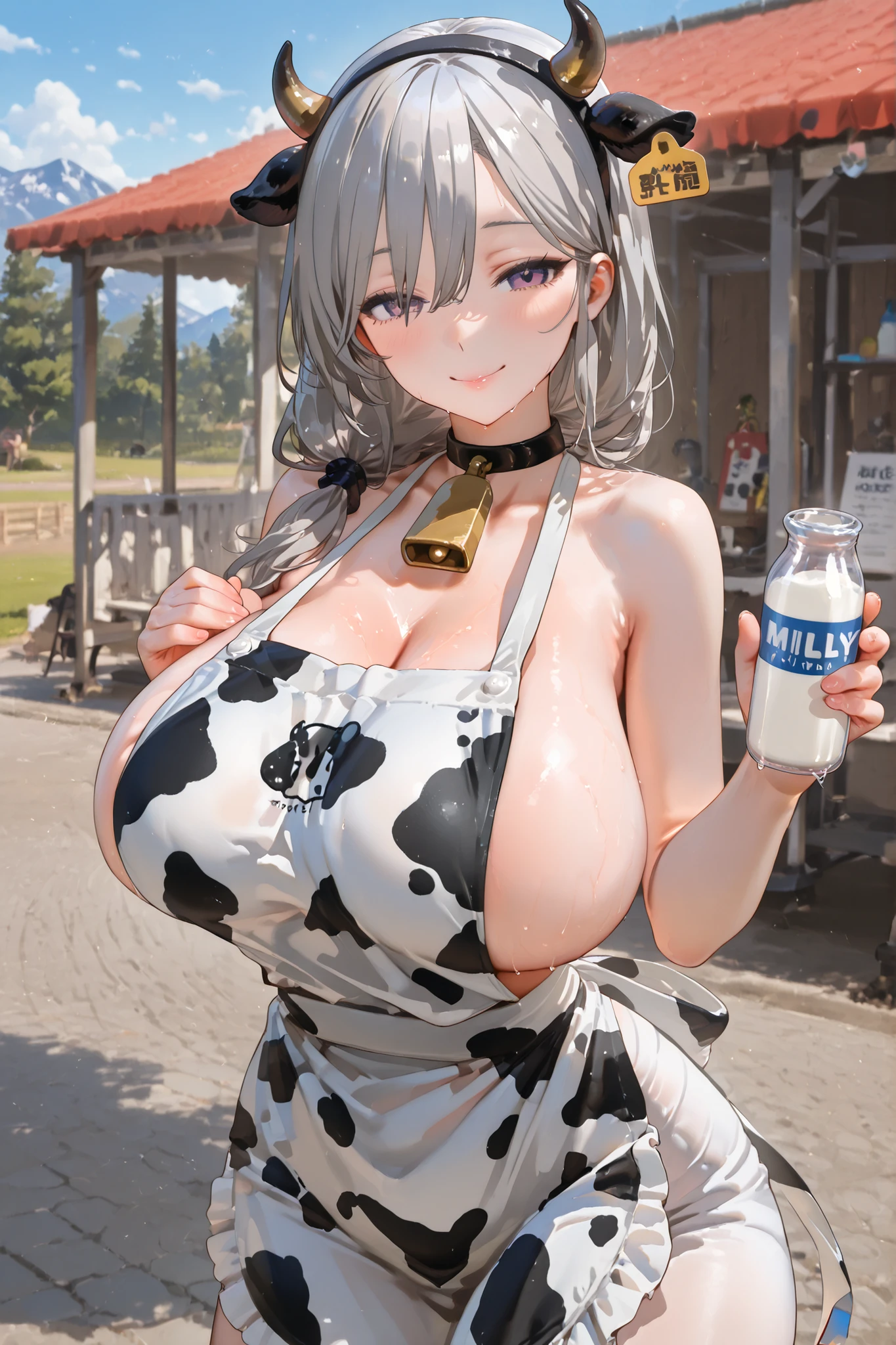 1 mature woman、cow print apron、open chest、Cow horn and ear headband、big breasts、valley、beautiful eyes、black eyeliner、Milk bottle、stall、Outdoors、smiles、grey hair
