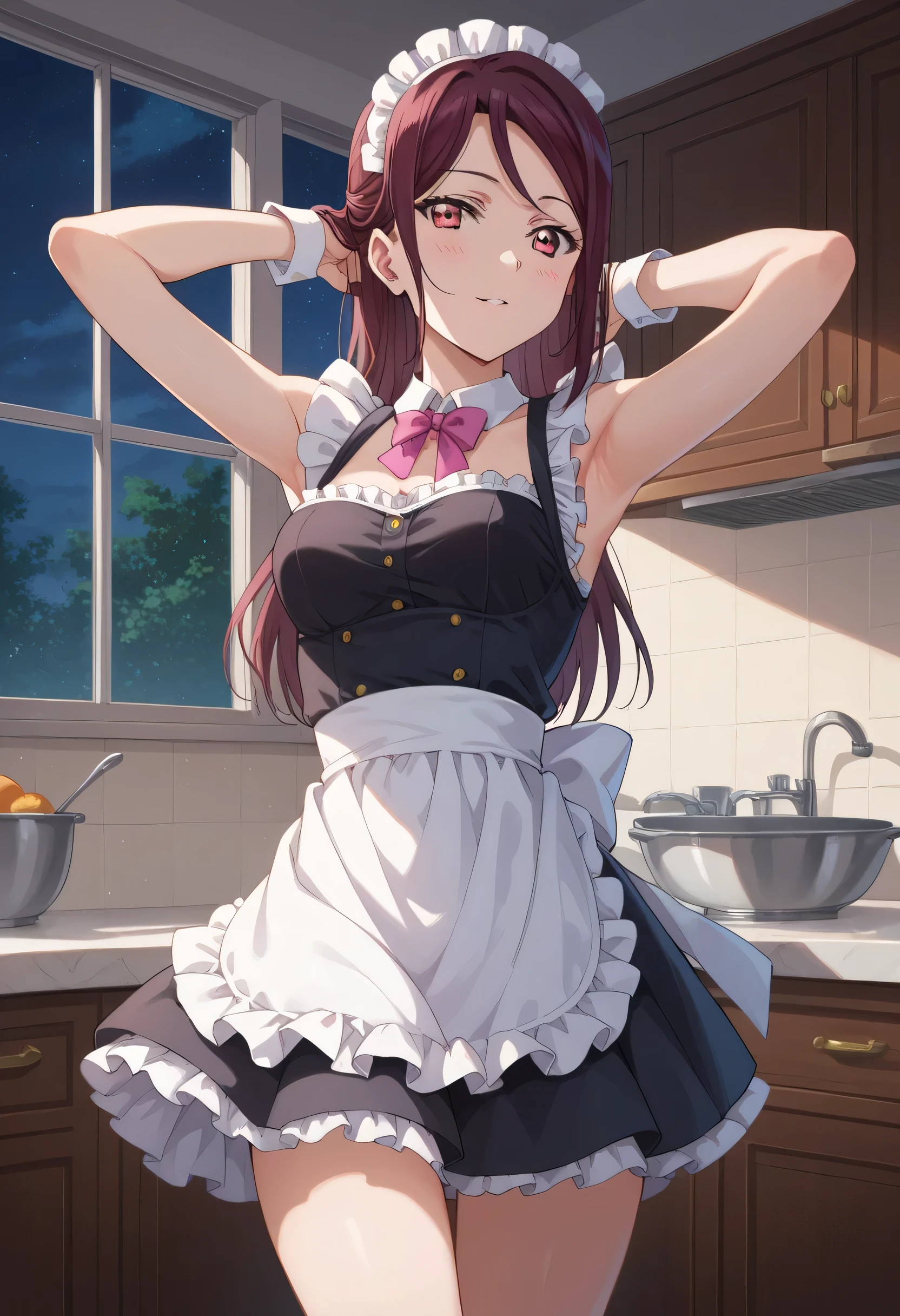 Riko Sakurauchiz A Maid, (in the kitchen), Various hairstyles, night, details of the face, short skirts, seducing, sin mangas, maid uniform, armpits,