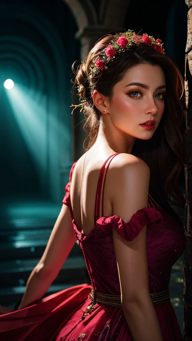 Waist high, fantasy art, photorealism, dynamic lighting, art station, poster, volume lighting, highly detailed face, beautiful eyes, thin lips, (official uniform: 1.4), long hair, maroon cyan lace dress, delicate clavicle, bare shoulders, Breast augmentation, small waist, hips, legs, crouching, from behind, looking at viewer, neon backlit