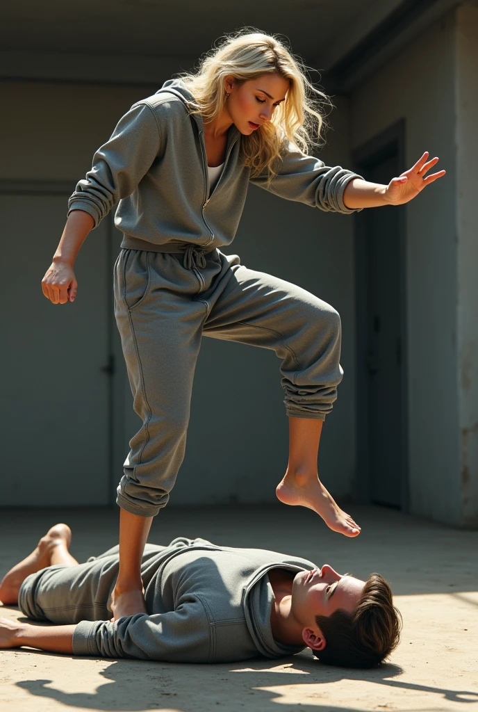 a ponytailed blond girl is wearing a shiny wet raincoat and is carrying a man in black jeans, a girl in a raincoat is crying tears and is carrying a consciousless man that is wearing black jeans, a young girl is wearing a wet blue pvc raincoat and is desperately shouting out and screaming, a consciousless man is wearing muddy black jeans, , fight, posing for a fight, street fighting, posing for a fight intricate, alexandra fomina, taken in 2022, sascha schneider, fight pose, high kick, by Anna Haifisch, fighting posture, by Caro Niederer, dramatic action pose
