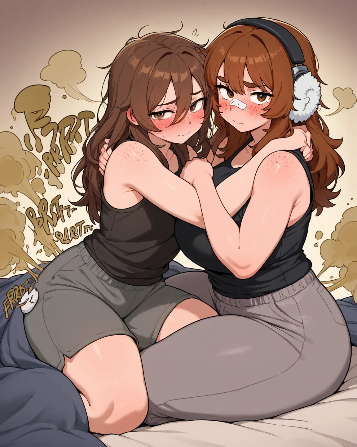 a comic page about a fully pajama wearing 24 year old extremely fat woman with ginger pigtails adjusting to her first night with her 40 year old gigantomastia mother with long gray hair as her second head on her immobile two headed body. She’s clearly uncomfortable with feeling her mother masturbate her now two headed 1200 pound morbidly obese body, using one hand to pleasure herself with her hand under the cover of the blanket as she watches a video on her phone. Her ashamed mother is telling her how much the two of them need this relief as she plunges her hand into herself. Her mother is clearly ashamed of herself for needing to touch herself so badly. she’s looking deep into her daughter’s eyes as they share their first earth shattering orgasm since mutating into a freakish two headed conjoined mother and daughter and repressing her urges. Her daughter has clearly never orgasmed before and is embarrassed about her mother doing it for her.