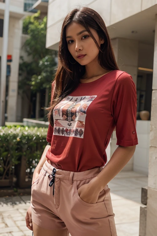 close_up portrait photo of 25 year old desiespresso woman, (plain white background: 1.6), Crimson ethnic print top and jeans, fashion photography, dynamic pose, facing viewer    <lora:desiespresso_flux_v2:0.6>âââ
