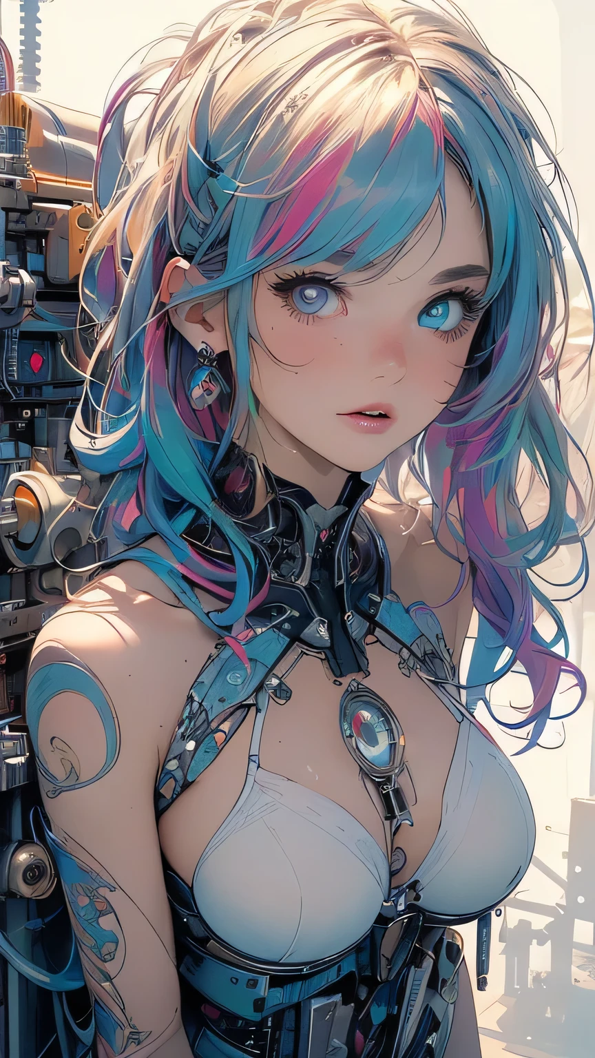 (((masterpiece, Highest quality))),(((alone:1.2))),(((One girl:1.2))),32K Wallpapers, Very detailed,(((((portfolio))))),(((((close))))),(((((breast enhancement))))),((((More Angles)))),(((highlight))),((((Heterochromia iridis)))),(((completion. Detailed face))),((((Very talented)))),(((((The most complex machine))))),(((Genius Mechanic))),((Overall colorful)),(((((Huge breasts,nsfw,BDSM,bondage