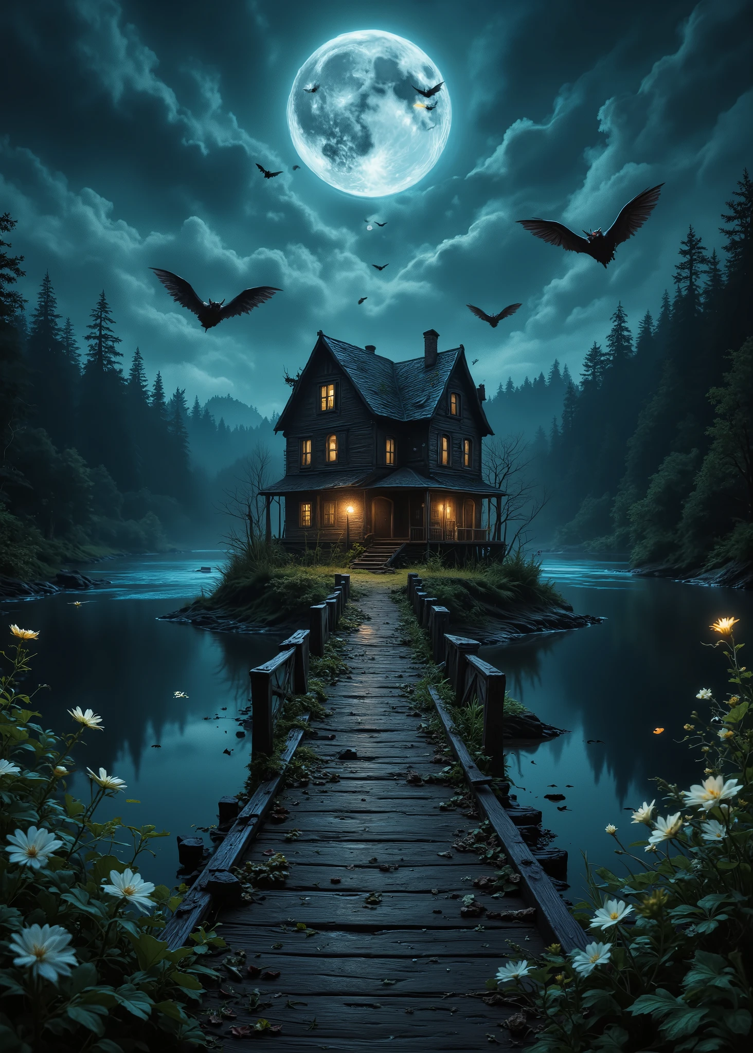 Large lake in the forest、On the island in the middle、I Can See a Haunted House That Almost Collapsed、 there is thin moss growing on the roof、 can see the light from the window 、I can see an old wooden bridge over the island、Dead Trees and Flowers、Full Moon Hiding by Clouds、Bats Are Flying 、Night Terror、Realistic 3D Rendering、 excellent lighting