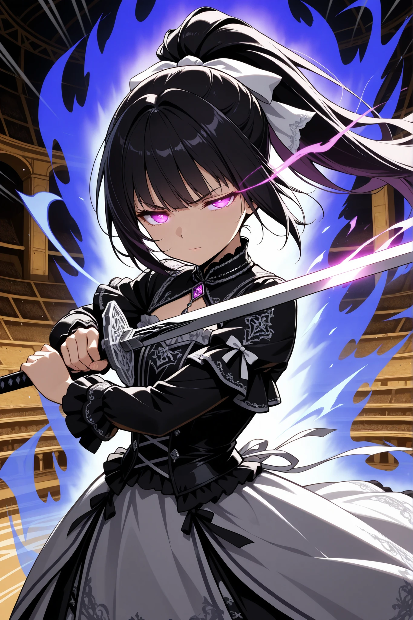 (masterpiece),(absurdres),(ultra detailed),(beautiful detaile),solo lady,(23-year-old),black hair,purple eyes,(short highponytail:0.9),bangs:1.1,(1white ribbon:1.1),(middle breast:0.7),(silver detailed Gothic dress:1.1),(anger,half-closed eyes,closed mouth,glowing eyes,simple eye trail:1.1),(sword attack,holding sword combat stance,blue aura,cowboy shot,wind effect),simple Colosseum background,white aura,レイナ