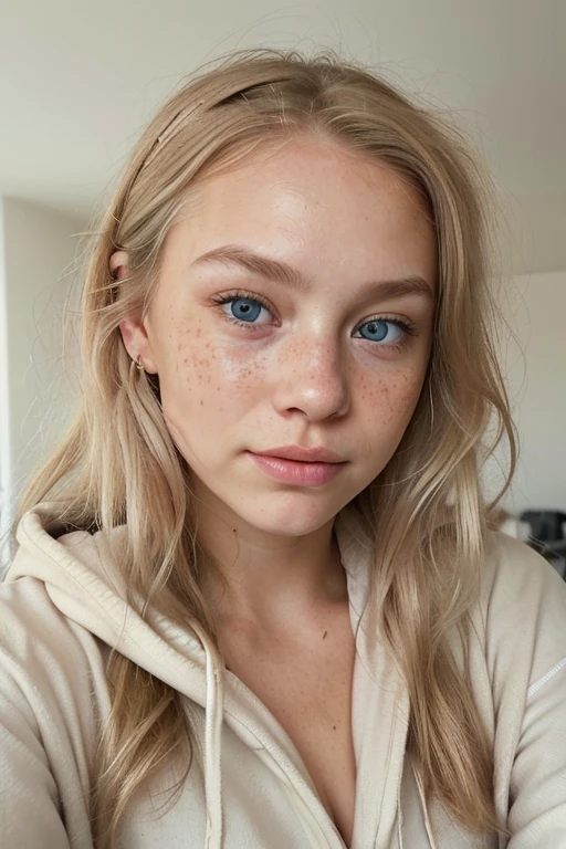 Generate: Realistic, european blonde haired girl
Face: blue eyes, small frekels (very low quantity), smooth small nose, ears part visible
Body: thick waist, thick , hips: middle wide,
Environment: city balkony at early night
Lighting : dawn but generated person fully visible.
Wearing: ai generate:black shorts
Make the face a little less smooth and add a few freckels to the nose and cheeks
Make it look like the person is taking a selfie, top down view
Make the eyes a litte smaller and more realistic