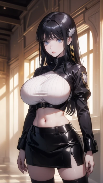 (masterpiece:1.4),(best quality:1.4),  soft lighting, cinematic bloom, beautiful face, beautiful eyes, cowboy shot,
Annerose, 1girl, solo, female mature, black hair, long hair, yellow eyes, large breasts, bodysuit, higheels, shiny clothes, skin tight, hair intakes, covered breasts, sideboob, exquisite eyes detail, exquisite character design unreal engine 8k hdr